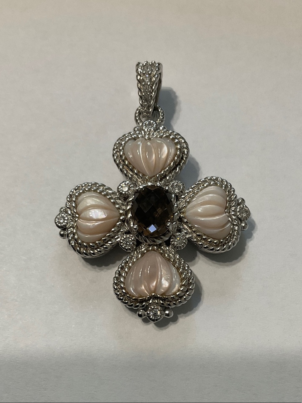 Judith Ripka 925 Silver Cross Pendant with Mother-of-Pearl and Smoky Quartz